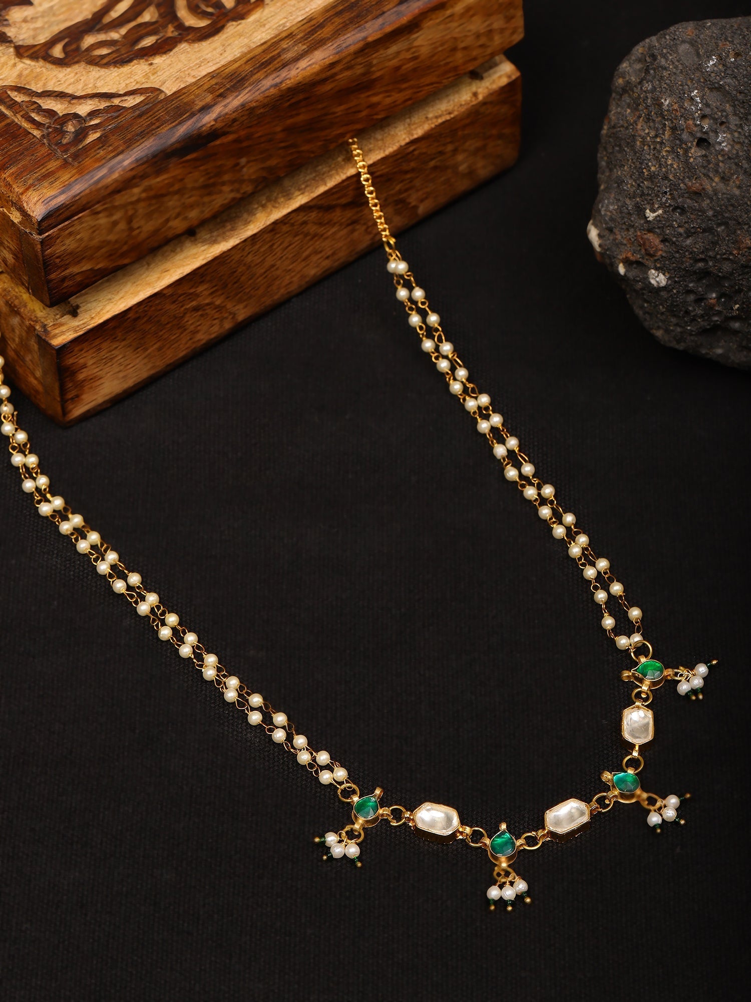 Green Stone & Clear Patchi Kundan in Pearl Kamar Band - Ruby Raang | Swadesiicart