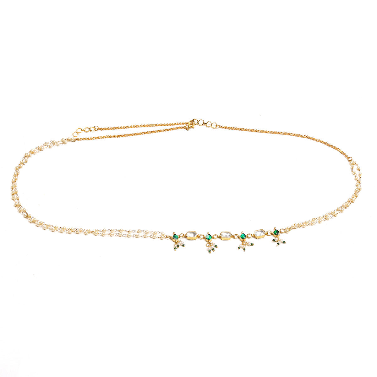 Green Stone & Clear Patchi Kundan in Pearl Kamar Band - Ruby Raang | Swadesiicart