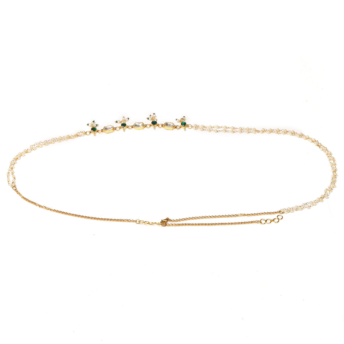 Green Stone & Clear Patchi Kundan in Pearl Kamar Band - Ruby Raang | Swadesiicart