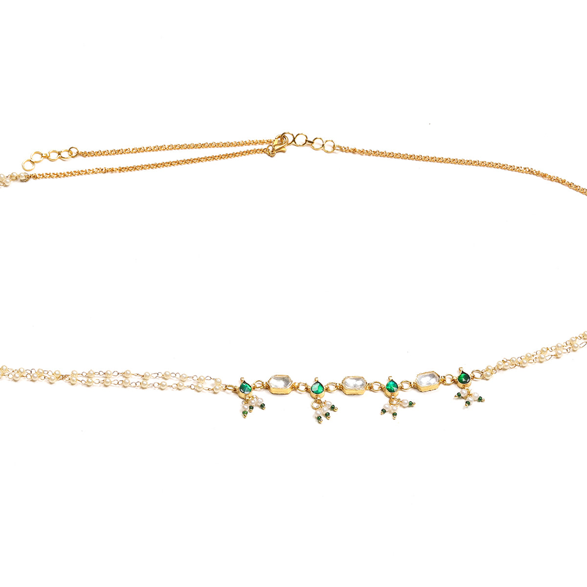 Green Stone & Clear Patchi Kundan in Pearl Kamar Band - Ruby Raang | Swadesiicart