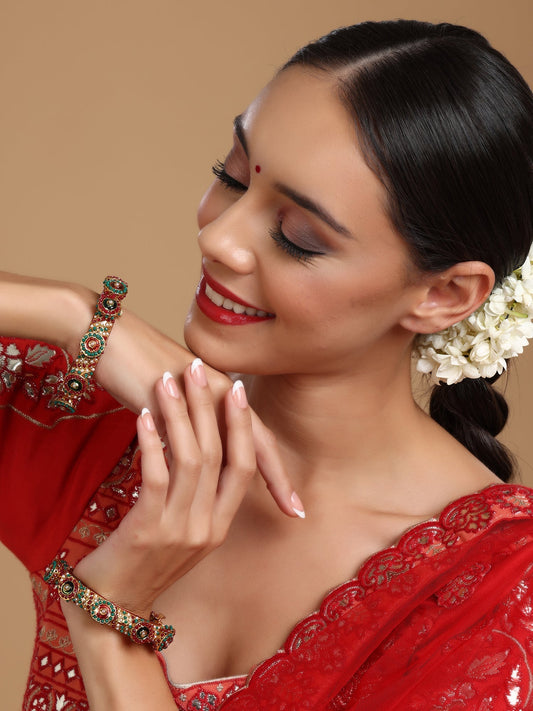 Rajwada Red - Green Hues Handcrafted Heavy Bangles (set of 2) - Ruby Raang