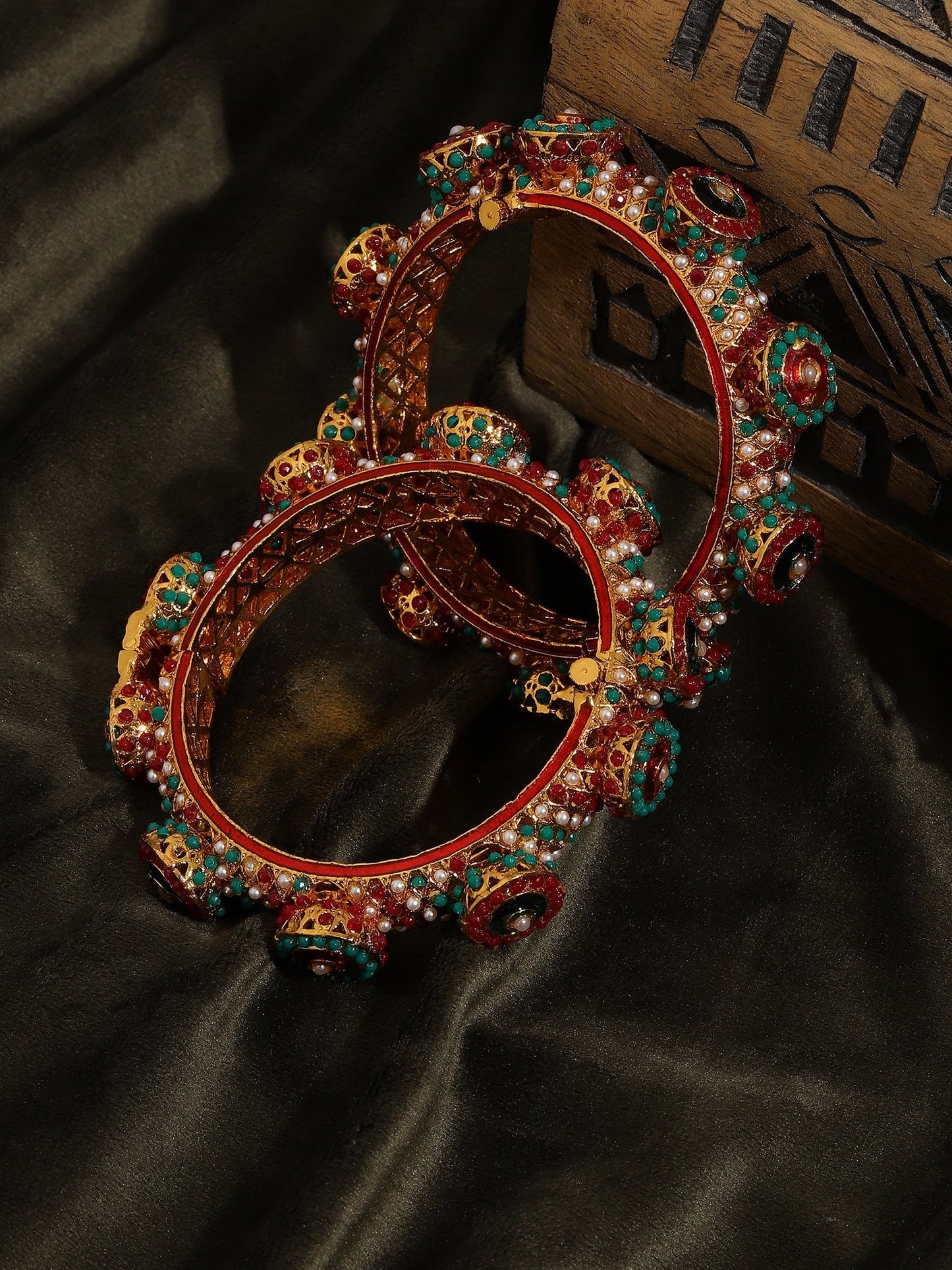 Rajwada Red - Green Hues Handcrafted Heavy Bangles (set of 2) - Ruby Raang - Swadesiicart