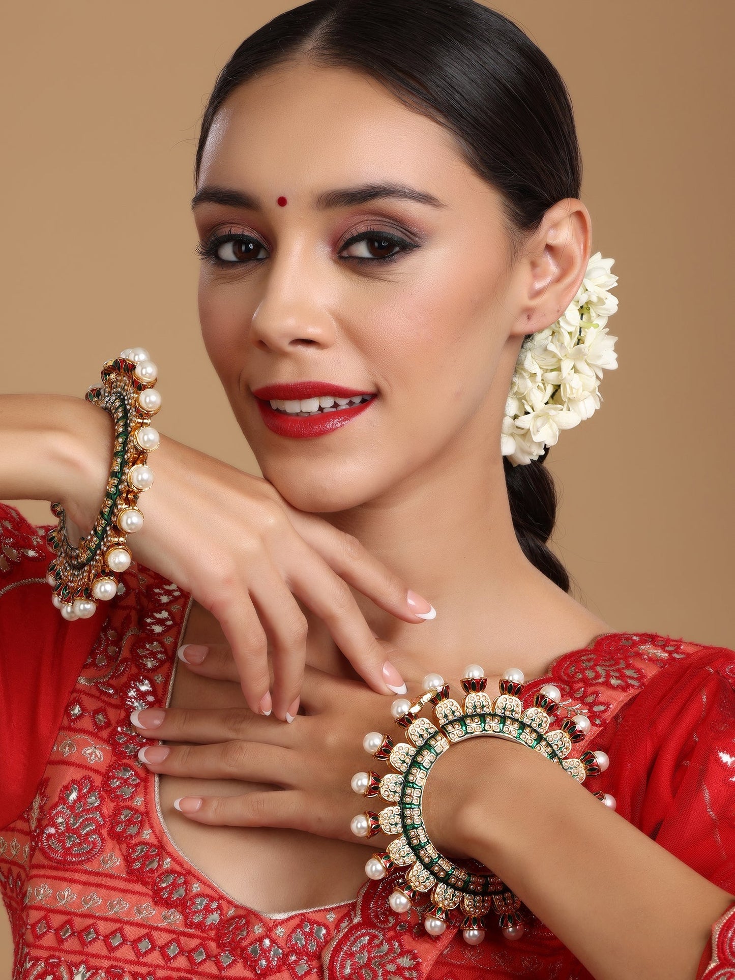 Oversized Pearl Meenakari Handcrafted Heavy Bangles (set of 2) - Ruby Raang - Swadesiicart