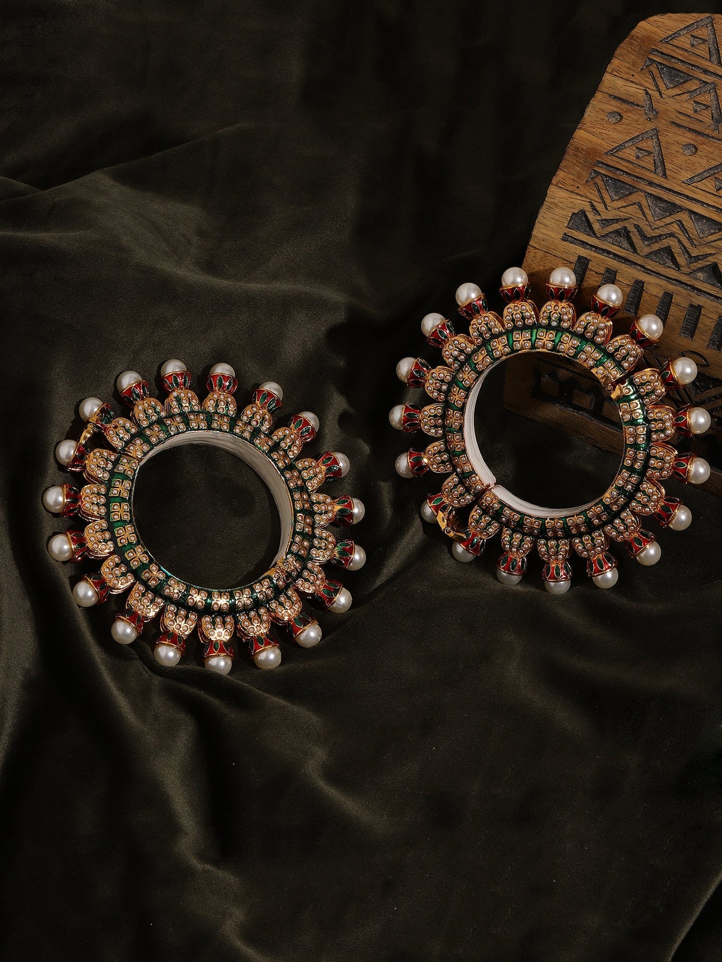 Oversized Pearl Meenakari Handcrafted Heavy Bangles (set of 2) - Ruby Raang - Swadesiicart