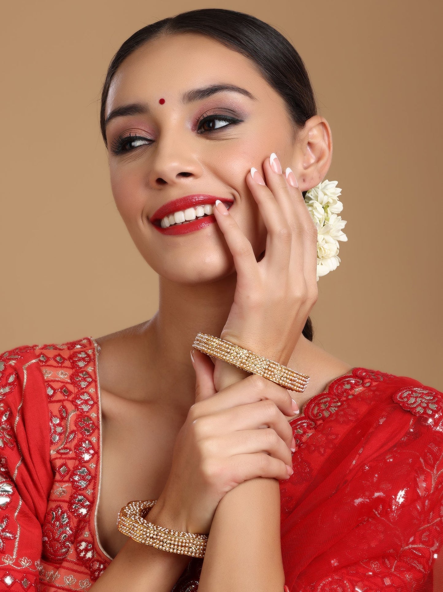 Golden Pearl Handcrafted Heavy Bangles (set of 2) - Ruby Raang - Swadesiicart