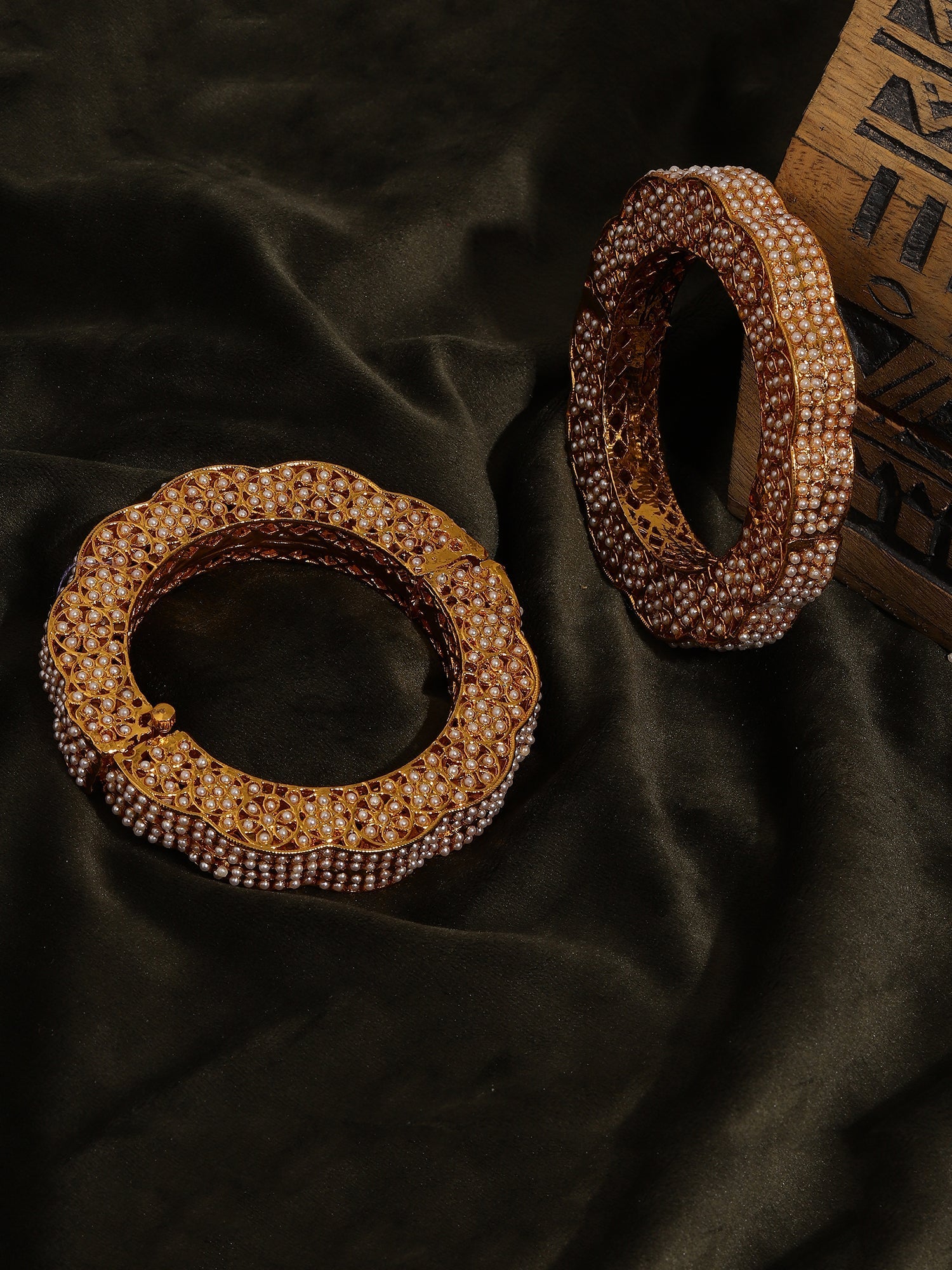Golden Pearl Handcrafted Heavy Bangles (set of 2) - Ruby Raang - Swadesiicart