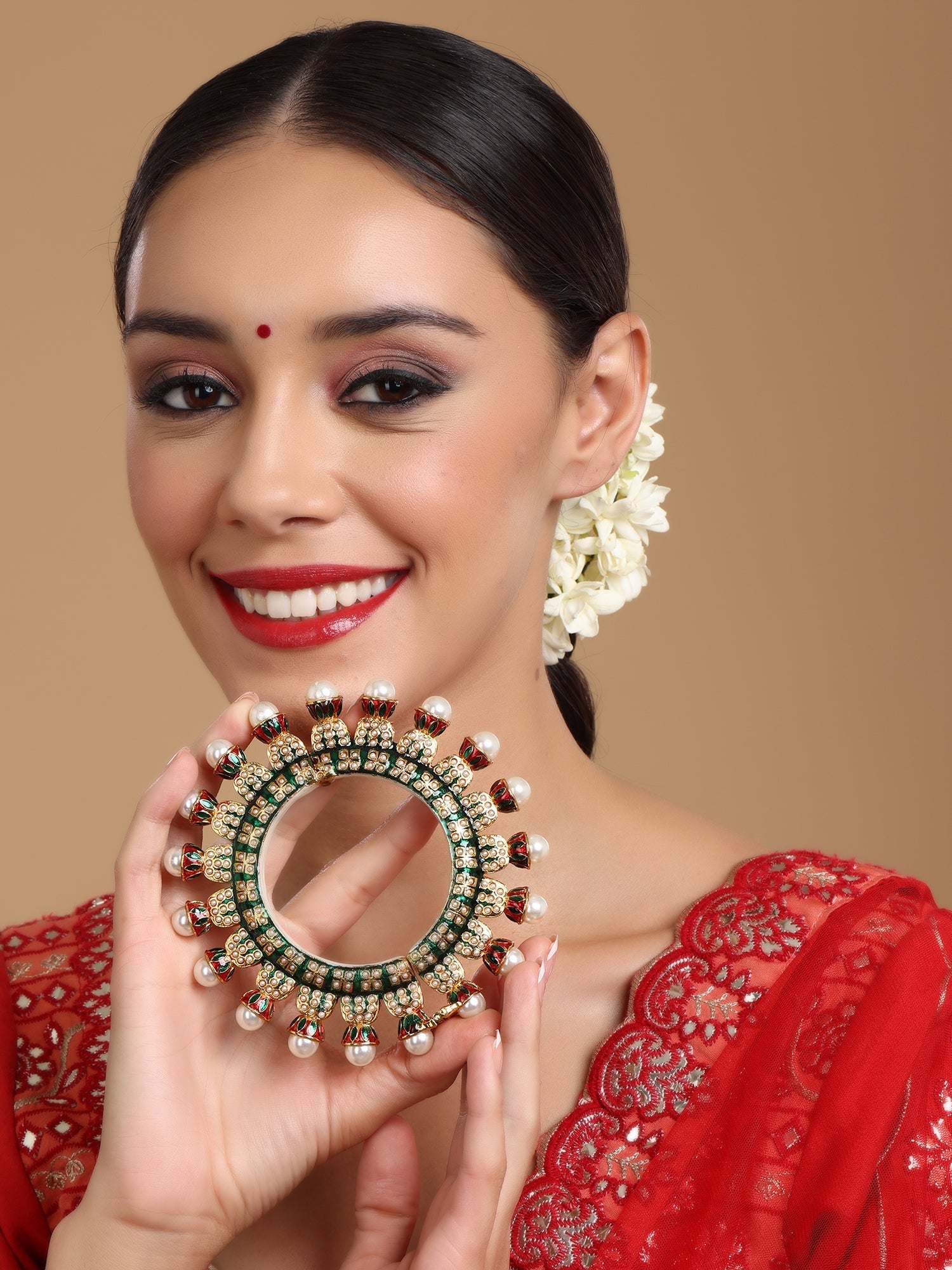 Oversized Pearl Meenakari Handcrafted Heavy Bangle - Ruby Raang - Swadesiicart
