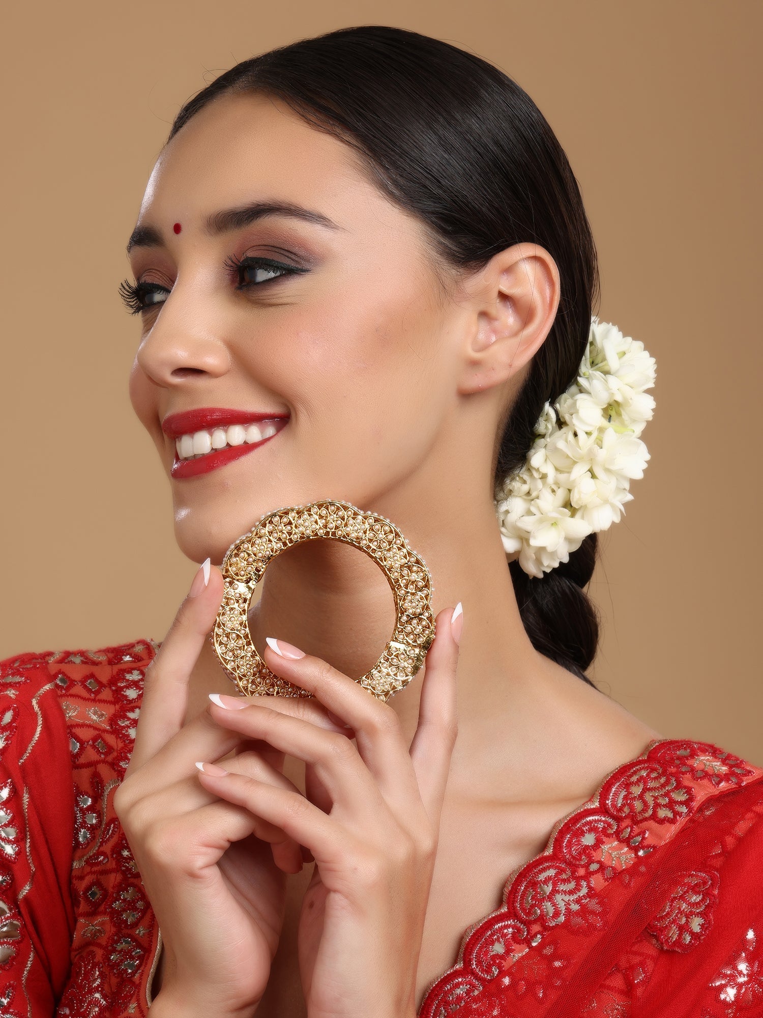 Golden Pearl Handcrafted Heavy Bangle - Ruby Raang - Swadesiicart