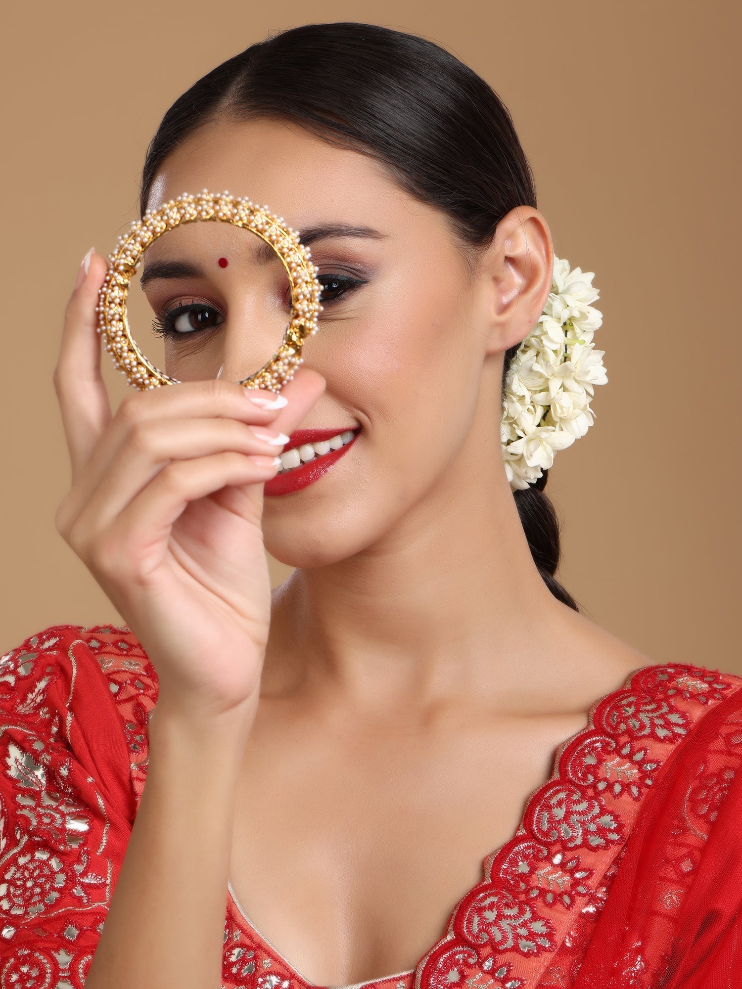 Handcrafted Pearl Heavy Bangle - Ruby Raang - Swadesiicart