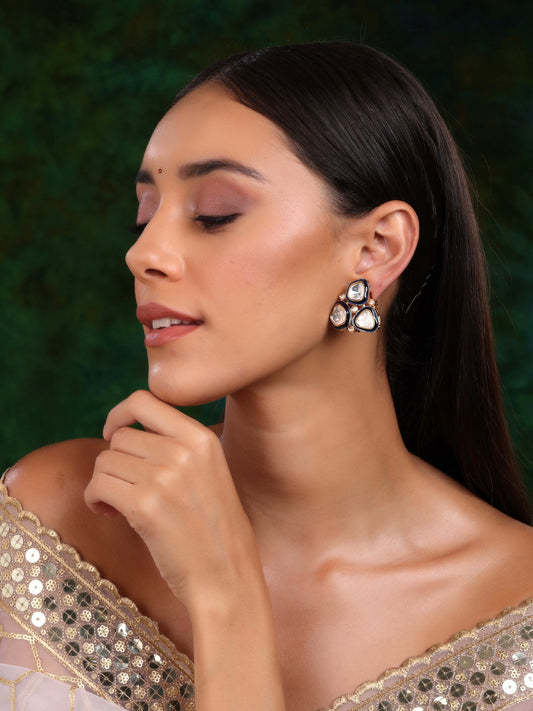 Three Stone Blue Meenakari Kundan Earrings - Ruby Raang - Swadesiicart