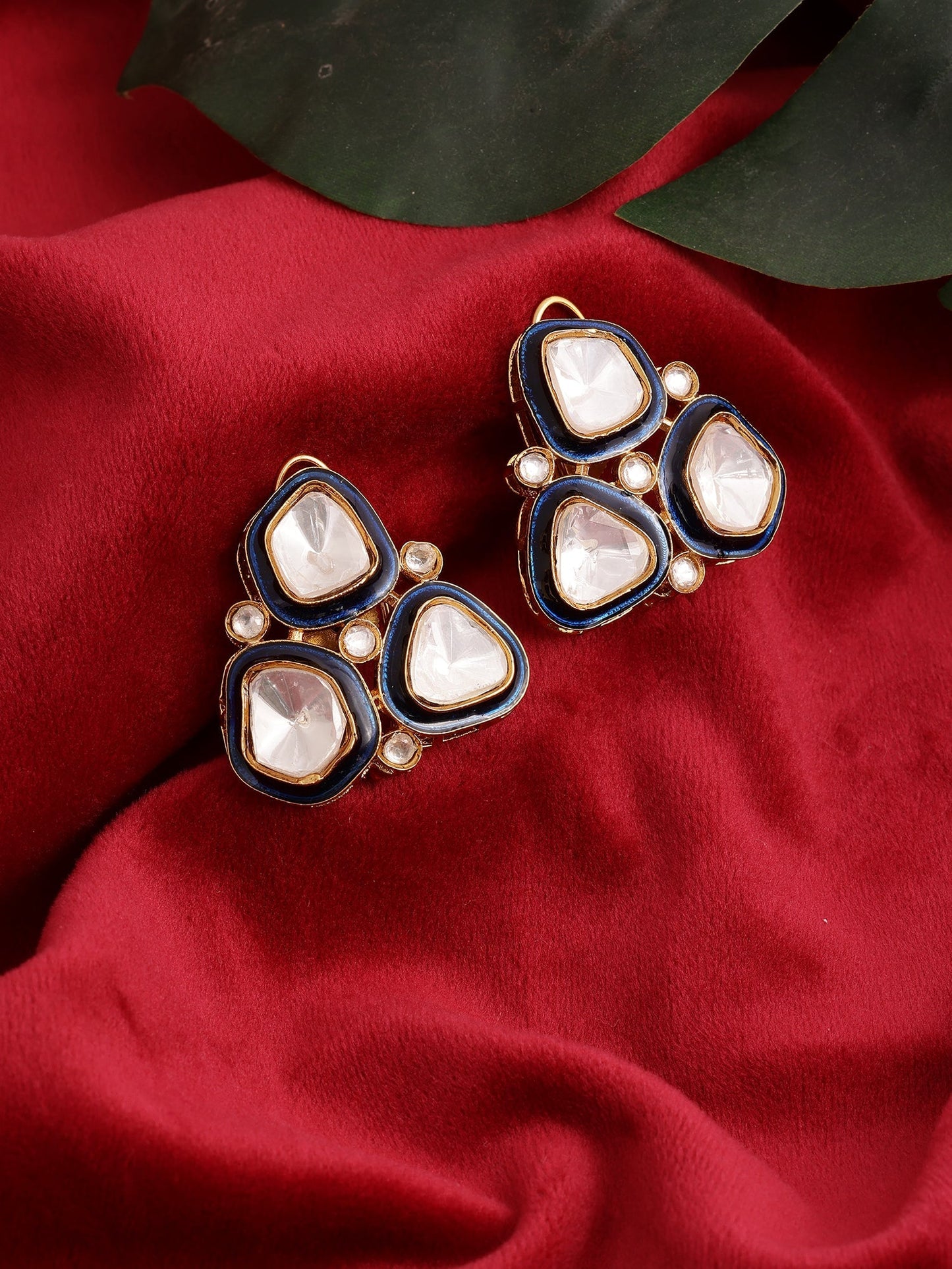 Three Stone Blue Meenakari Kundan Earrings - Ruby Raang - Swadesiicart
