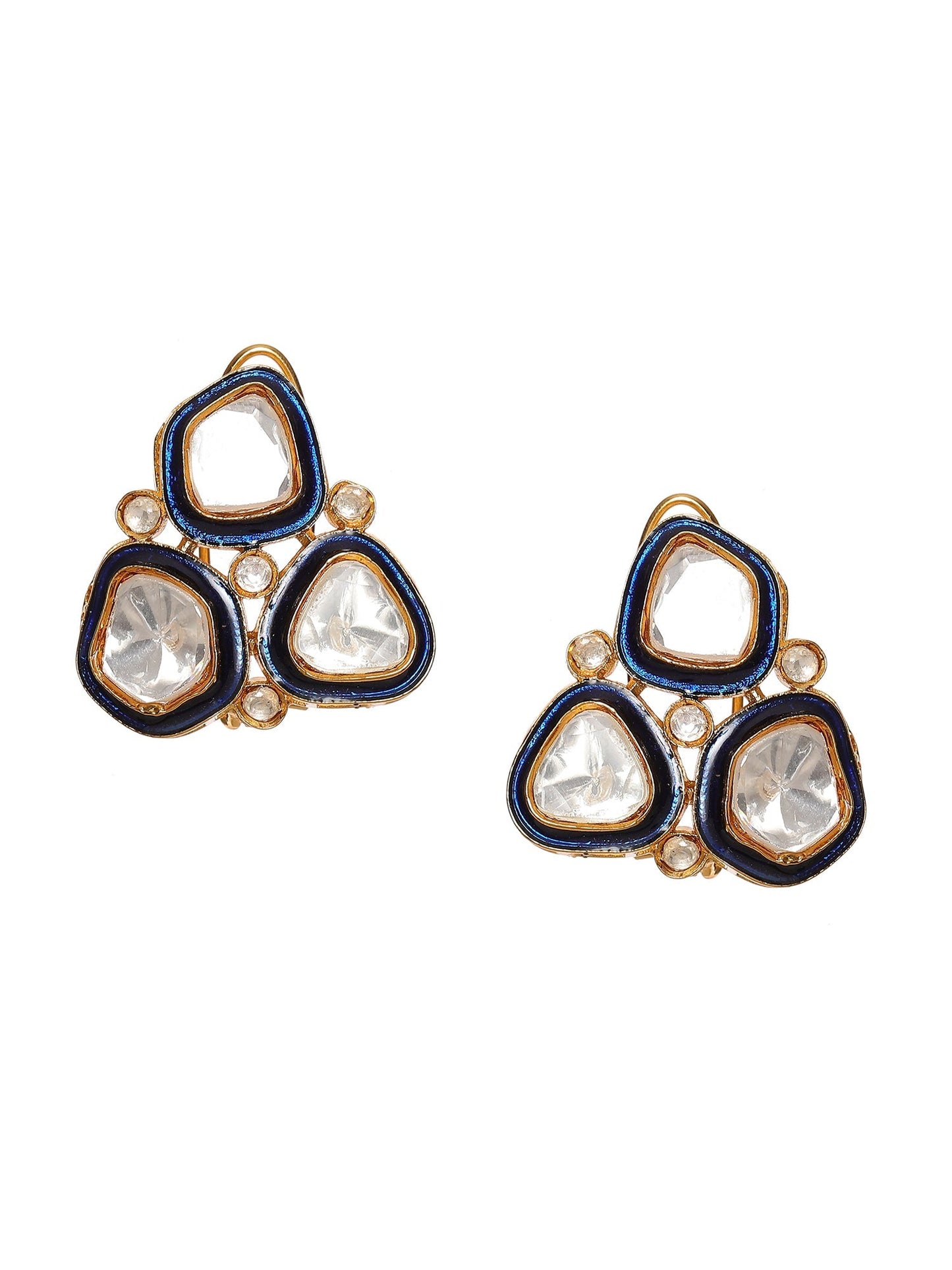 Three Stone Blue Meenakari Kundan Earrings - Ruby Raang - Swadesiicart