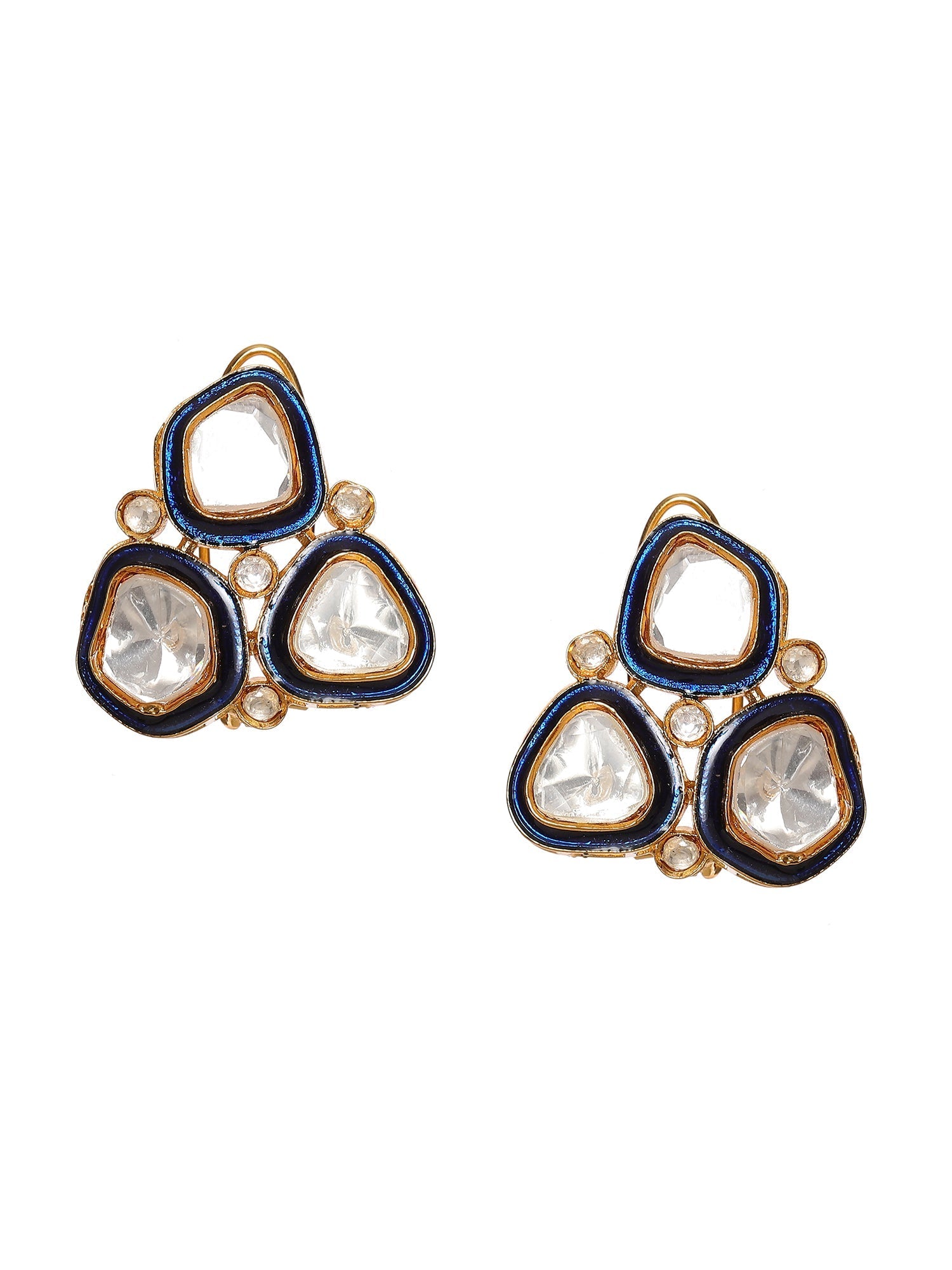 Three Stone Blue Meenakari Kundan Earrings - Ruby Raang - Swadesiicart