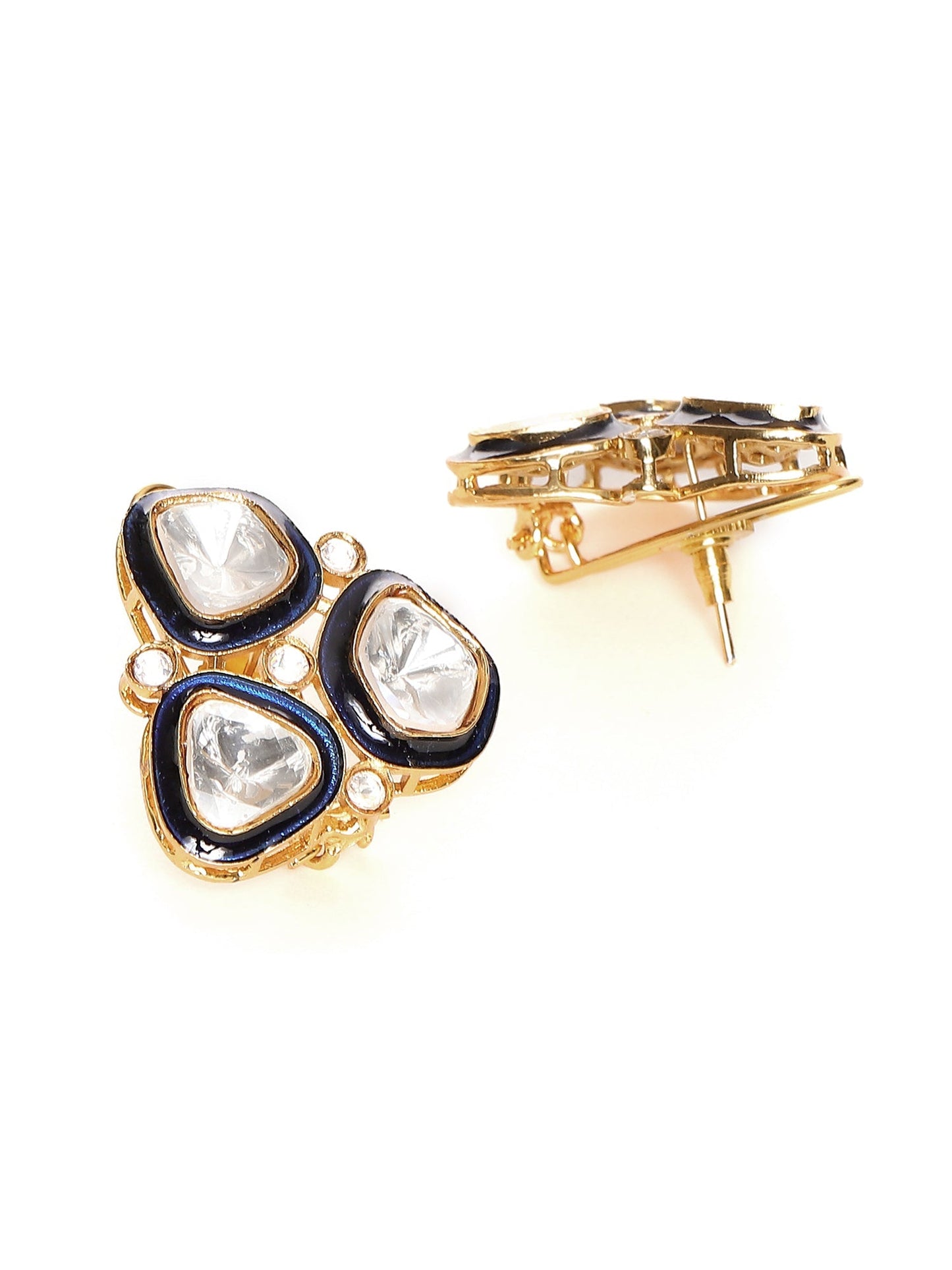 Three Stone Blue Meenakari Kundan Earrings - Ruby Raang - Swadesiicart