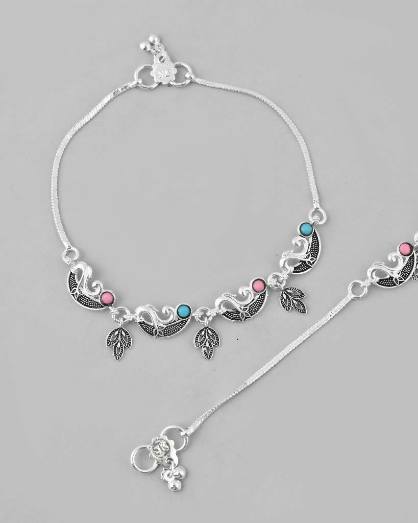 VOJ Set of 2 Silver Plated Stainless Steel Multi Color Anklet - Swadesiicart