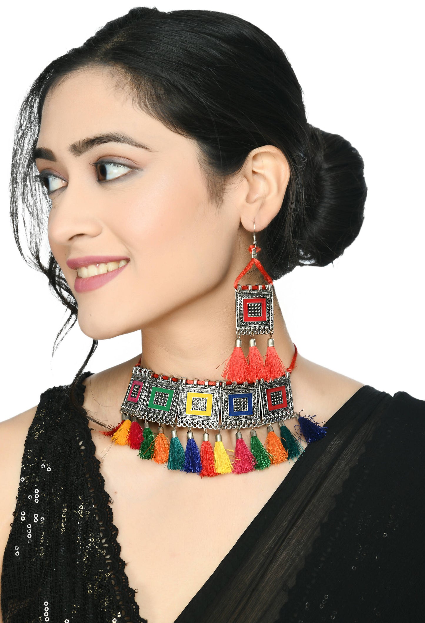 Mominos Fashion Johar Kamal Oxidised Silver-Plated Brass Finish Tassel Work Handicraft Choker For Women (Multi) | Swadesiicart