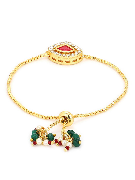 Women's Gold-Polished Pink Kundan Studded Brass Charm Bracelet - Ruby Raang - Swadesiicart
