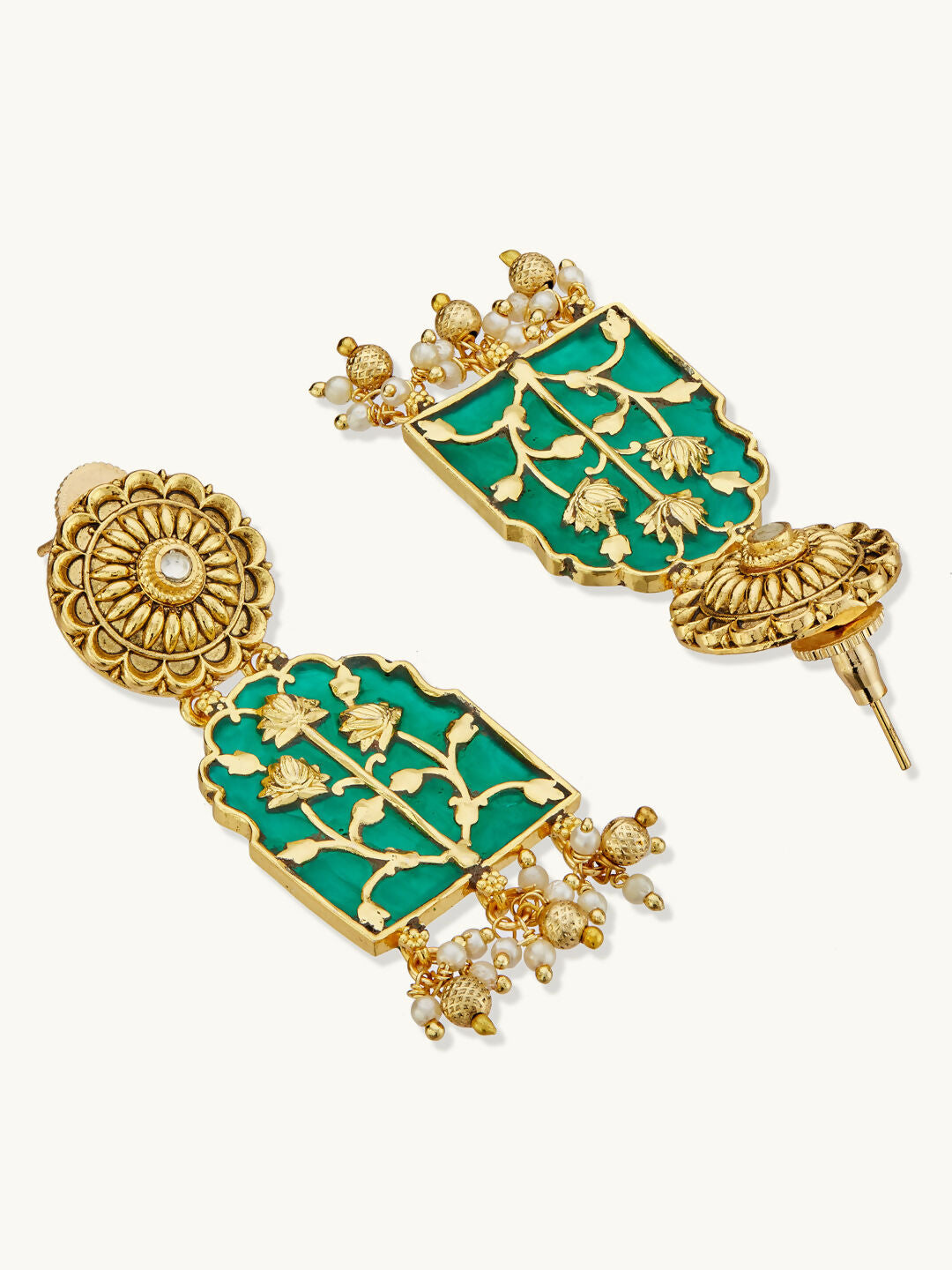 Nuyug 22K Gold-Plated Pearl Beaded Strings Green Enamel Pendant with Floral Motifs Necklace Set | Swadesiicart