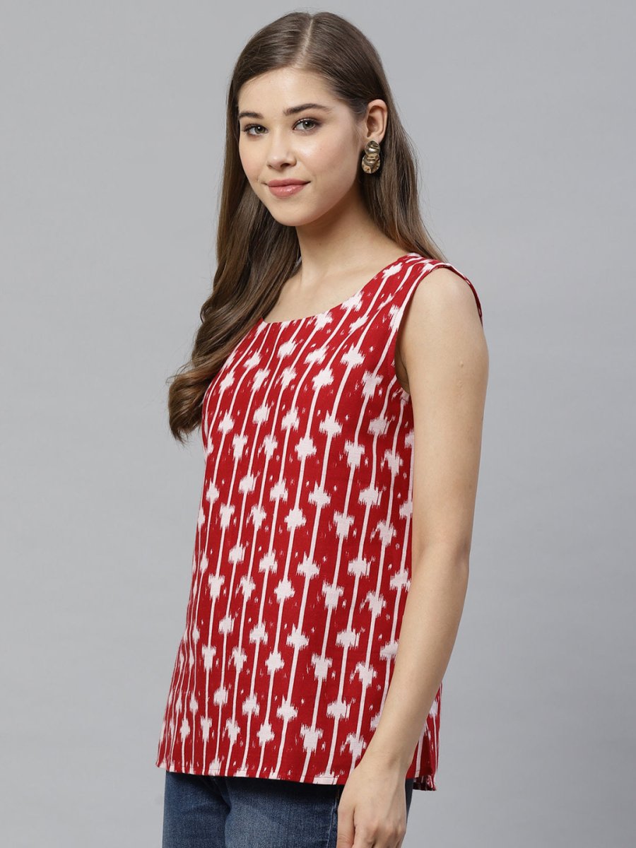 Ahalyaa Women Red & White Printed Pure Cotton Top | Swadesiicart