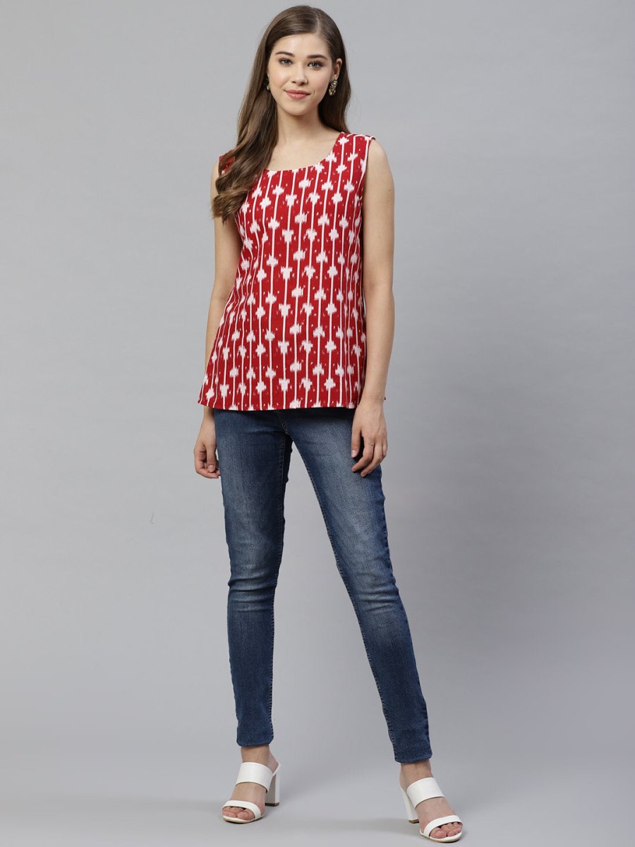 Ahalyaa Women Red & White Printed Pure Cotton Top | Swadesiicart