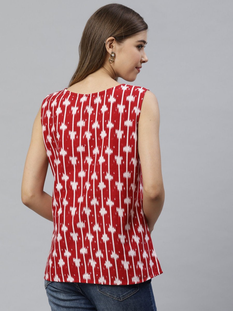 Ahalyaa Women Red & White Printed Pure Cotton Top | Swadesiicart