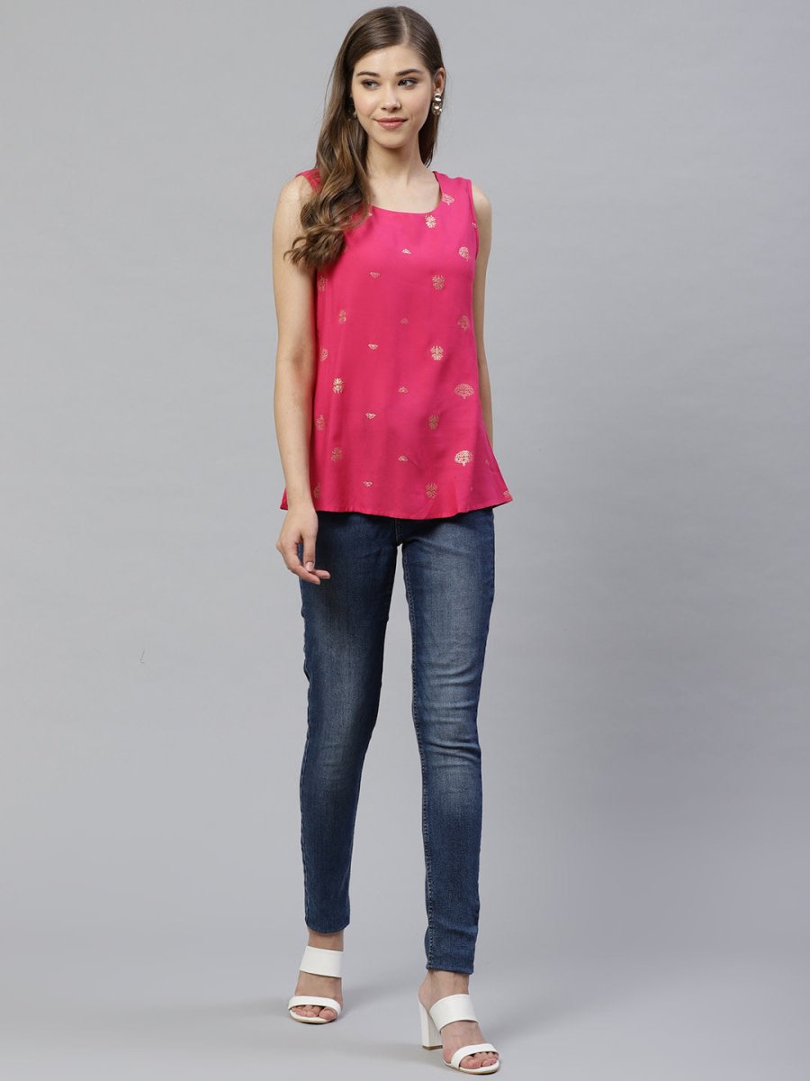 Ahalyaa Women Pink & Golden Printed Top | Swadesiicart