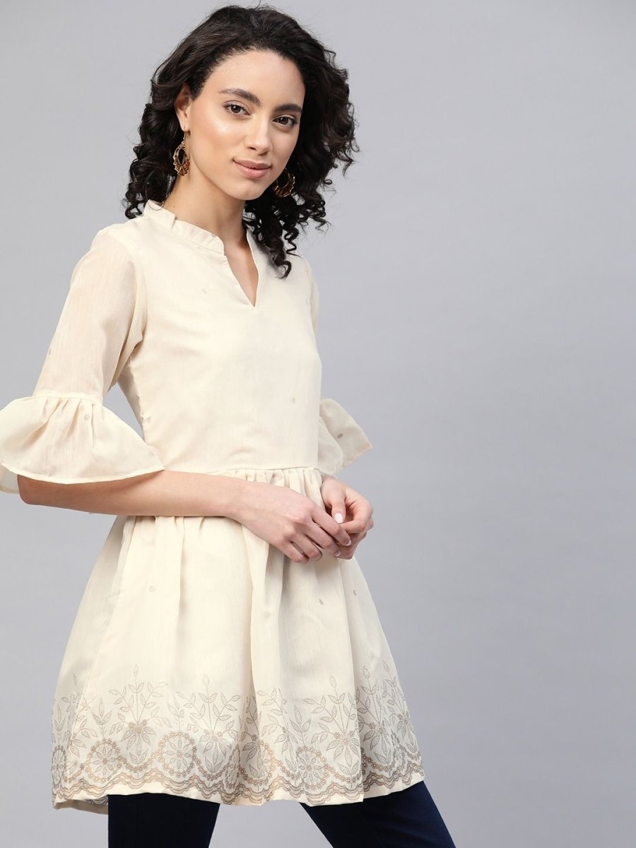 Ahalyaa Women Cream-Coloured Chanderi Ethnic Print Tunic | Swadesiicart