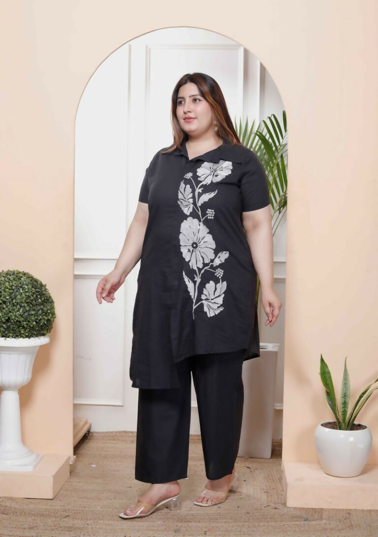 Miravan Women's Plus Size Black Pure Cotton Floral Embroidered High Low Co-Ord Set - Swadesiicart