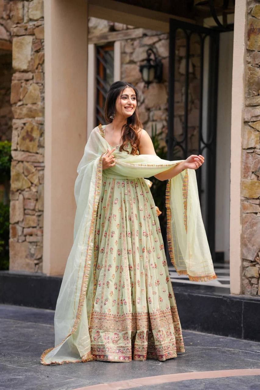 Prazu Fashion Light Lime Green Georgette Thread Sequin Anarkali Suit - Swadesiicart