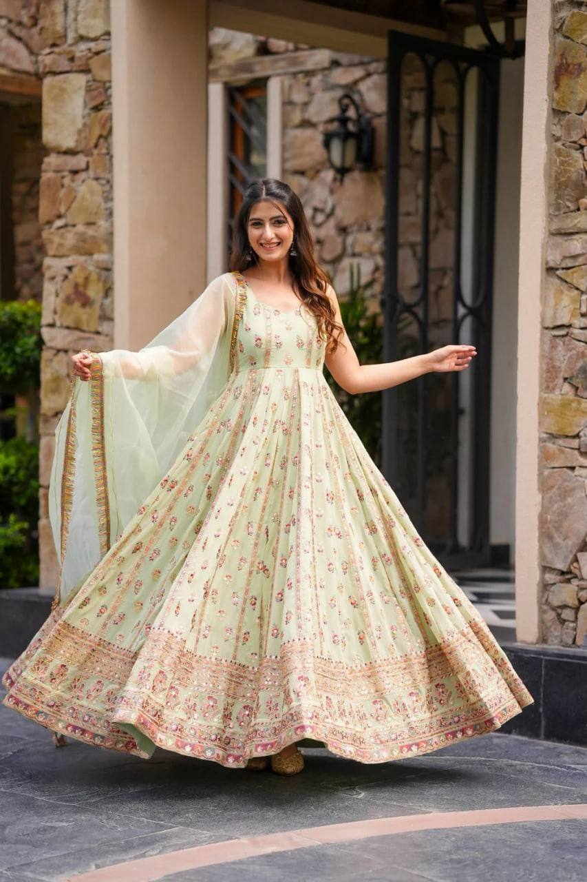 Prazu Fashion Light Lime Green Georgette Thread Sequin Anarkali Suit - Swadesiicart
