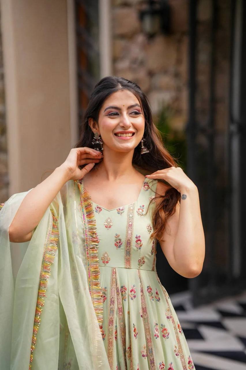 Prazu Fashion Light Lime Green Georgette Thread Sequin Anarkali Suit - Swadesiicart