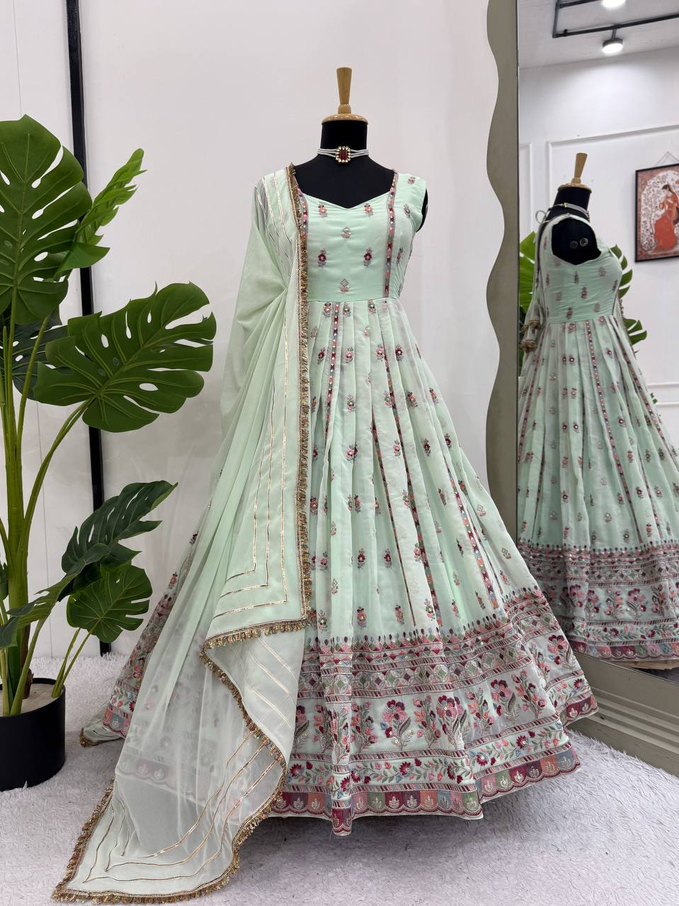 Prazu Fashion Light Lime Green Georgette Thread Sequin Anarkali Suit - Swadesiicart