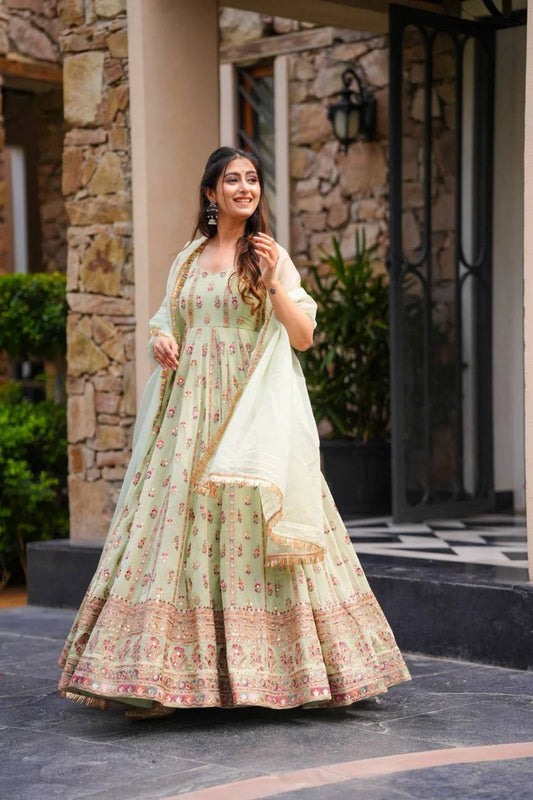 Prazu Fashion Light Lime Green Georgette Thread Sequin Anarkali Suit - Swadesiicart