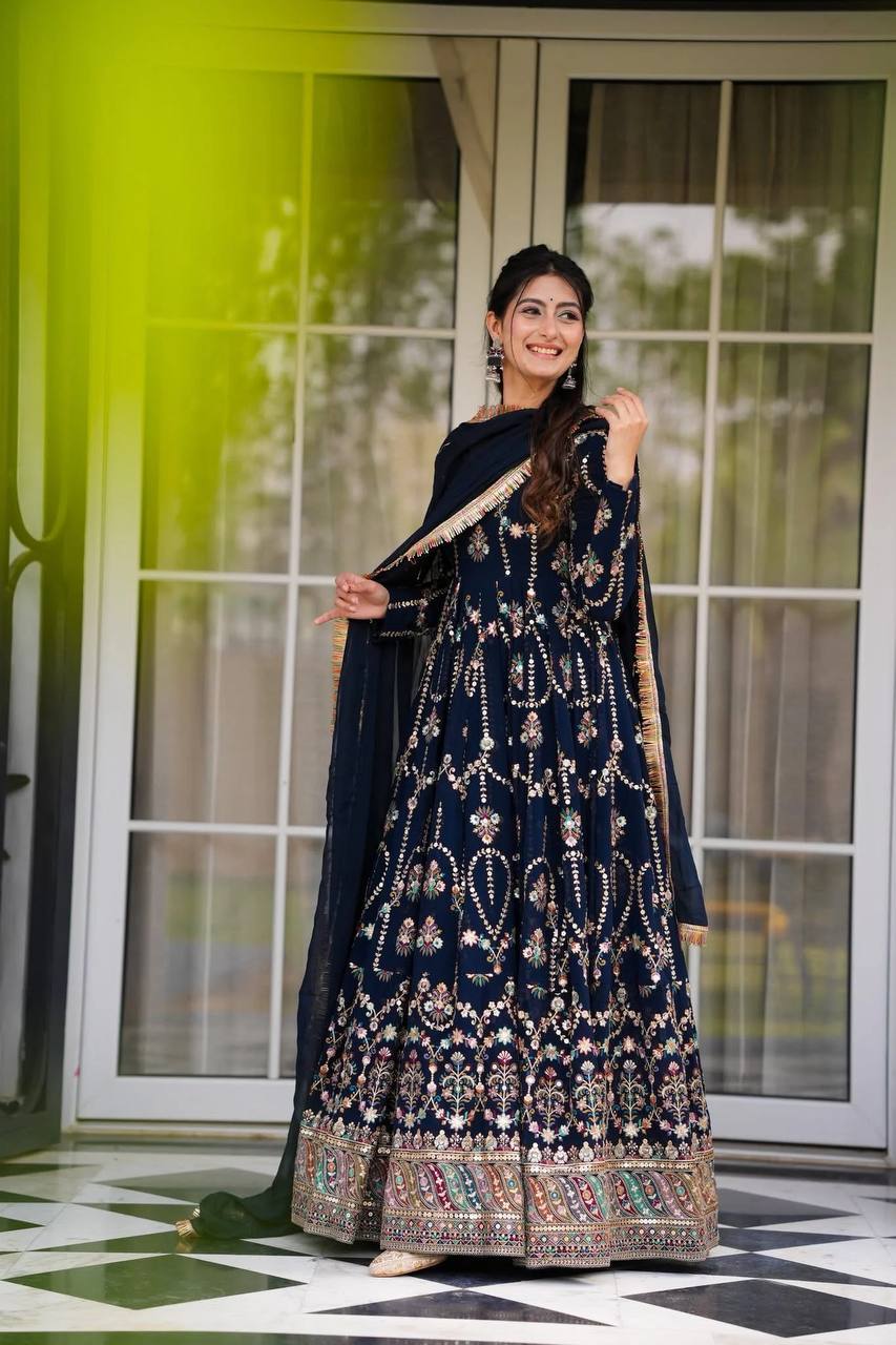 Prazu Fashion Blue Georgette Thread Sequin Anarkali Suit - Swadesiicart