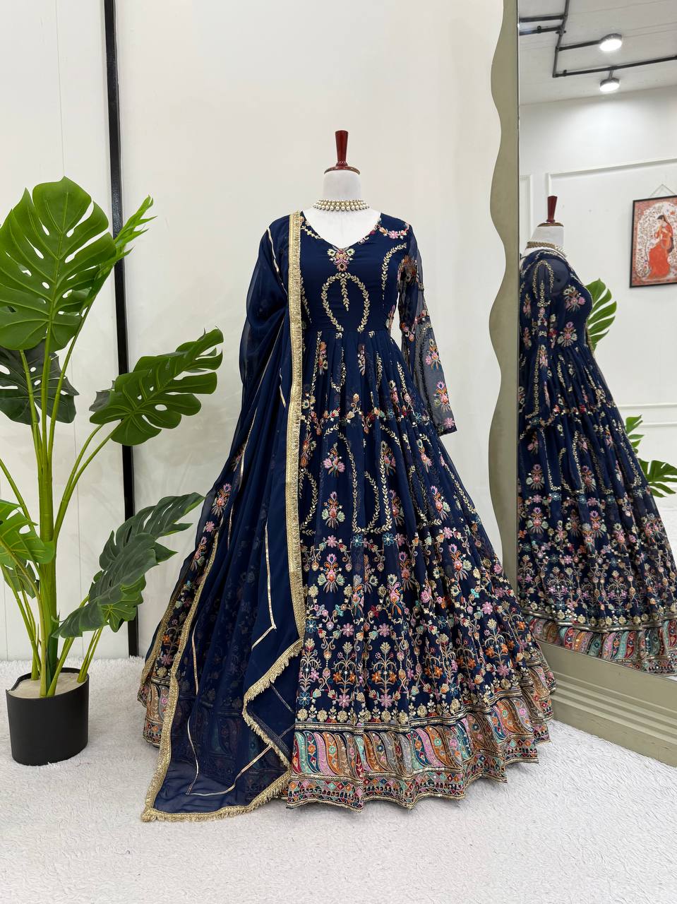 Prazu Fashion Blue Georgette Thread Sequin Anarkali Suit - Swadesiicart