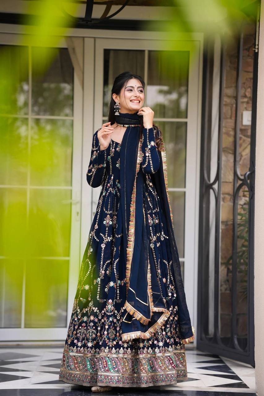 Prazu Fashion Blue Georgette Thread Sequin Anarkali Suit - Swadesiicart