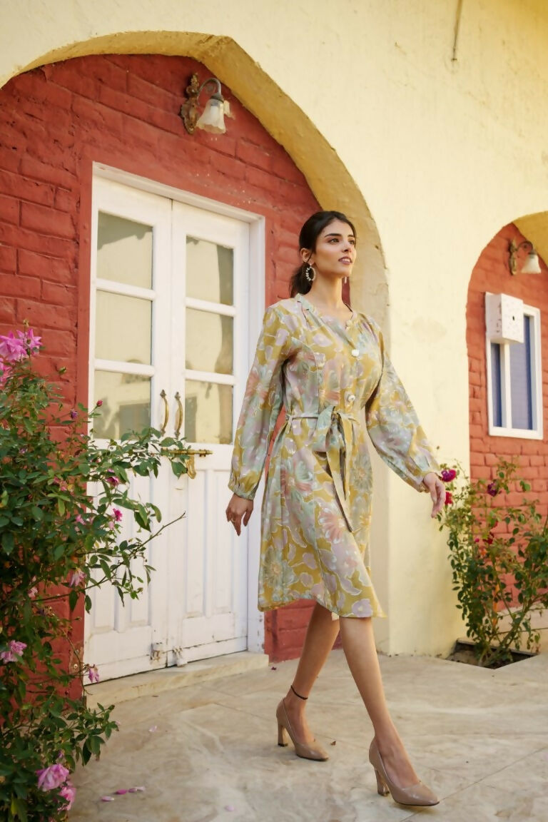 Vaasva Women Green Muslin Floral Printed Knee Length Dress | Swadesiicart