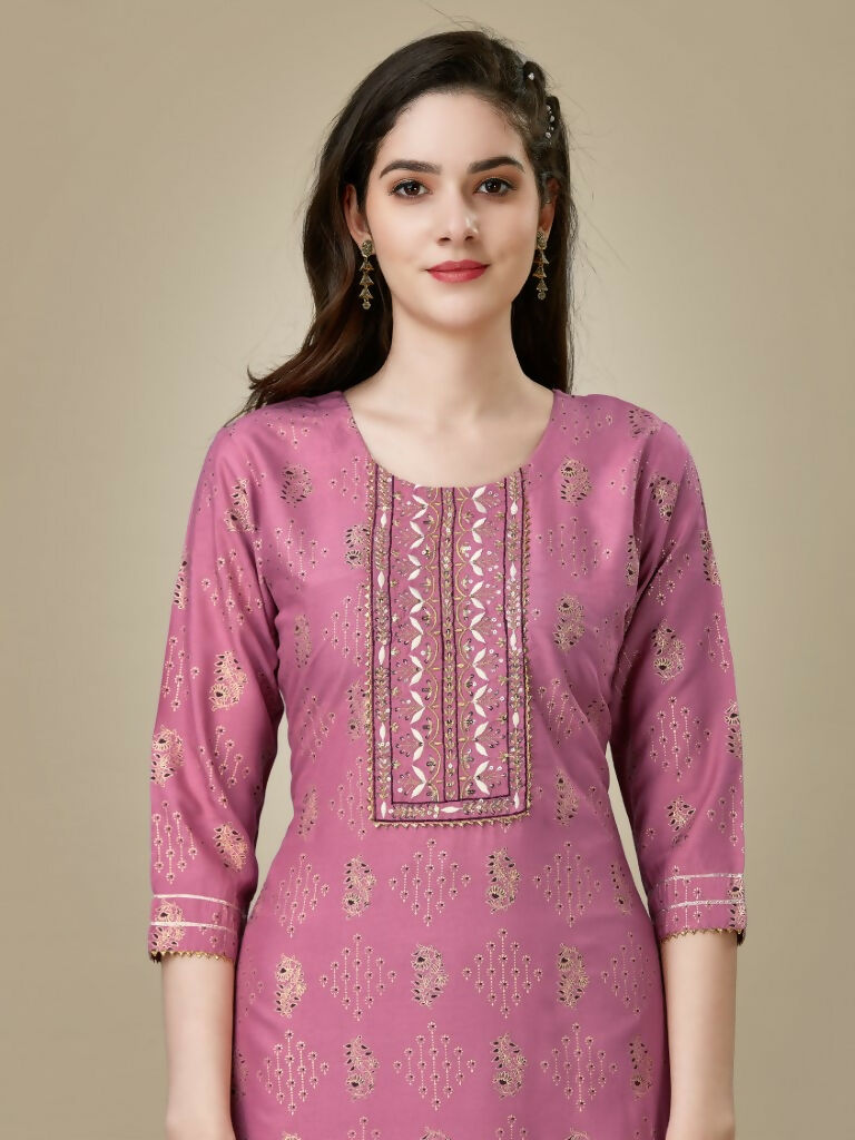 Jyoti Fashion Women's Purple Rayon Embroidered Kurta Pant Set | Swadesiicart