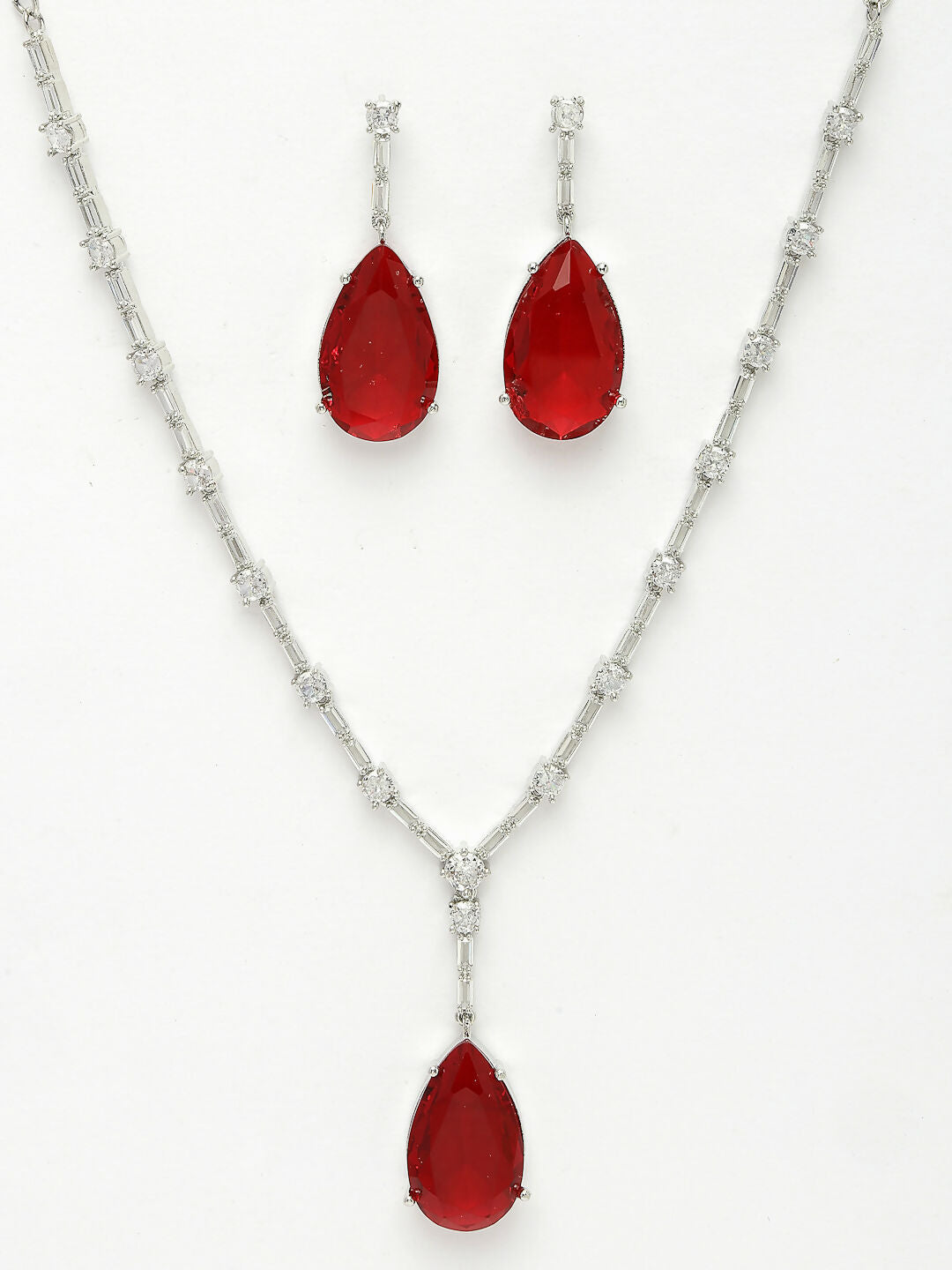 NVR Women's Silver-Plated Red Artificial Stones Studded Handcrafted Jewellery Set - Swadesiicart
