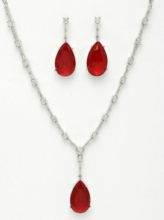 NVR Women's Silver-Plated Red Artificial Stones Studded Handcrafted Jewellery Set - Swadesiicart