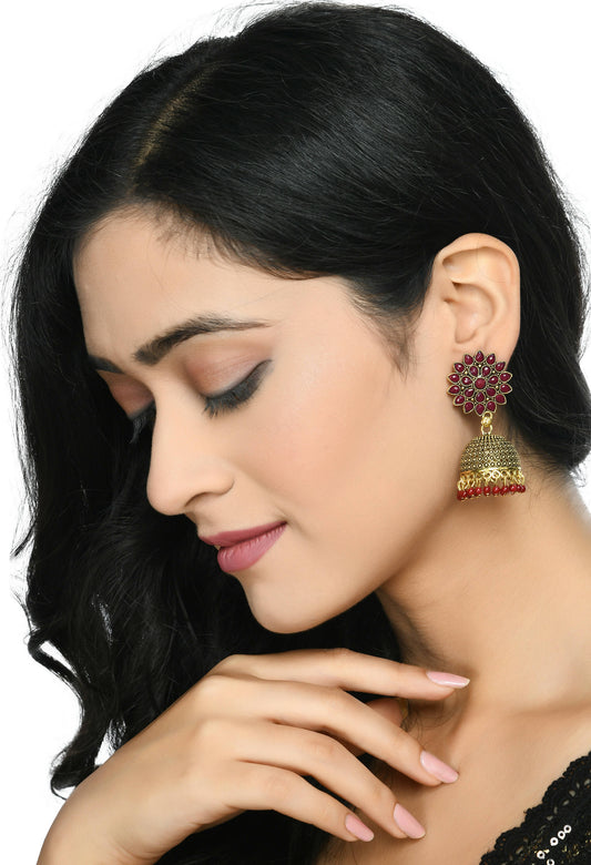 Mominos Fashion Joharkamal Kundan work Jhumka with Maroon Beads - Swadesiicart