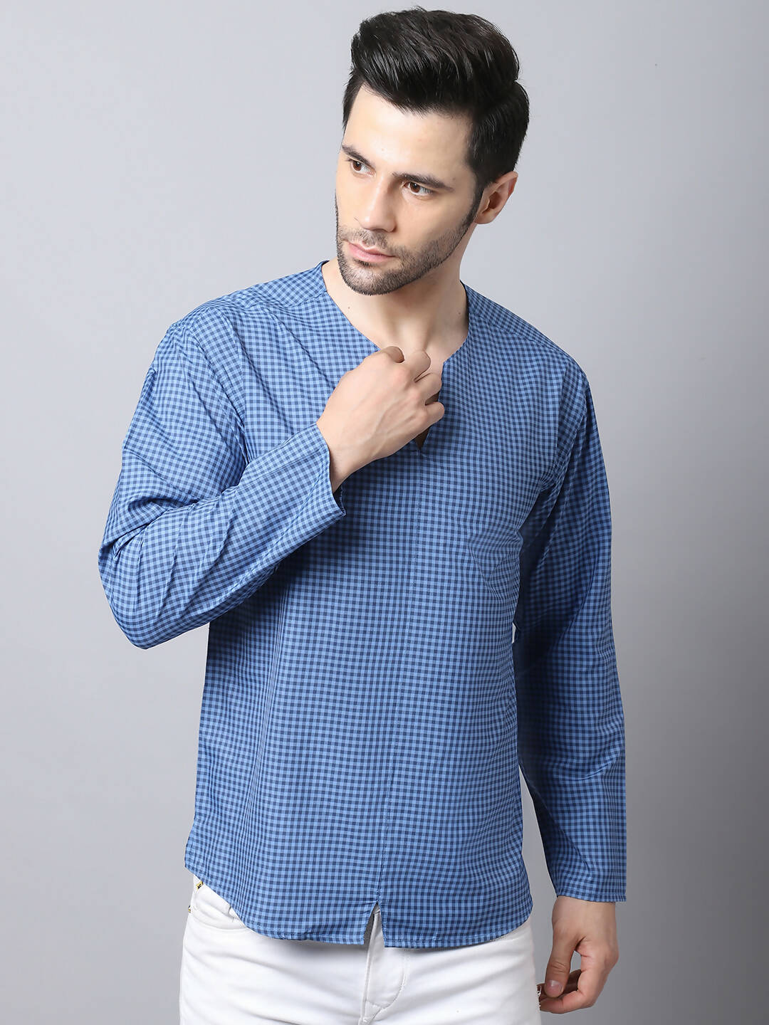 Even Apparels Blue Checked Men's Kurta With Band Collar | Swadesiicart