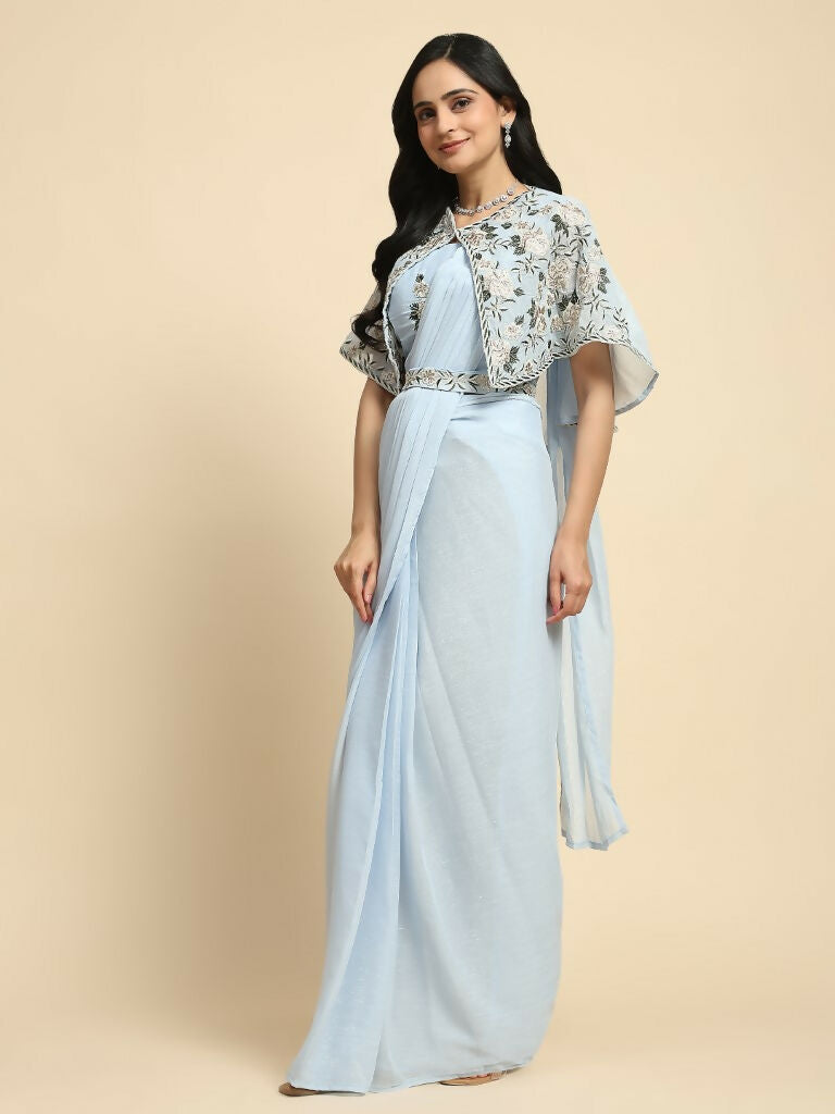 Blue Chiffon Solid Ready to wear Saree with stitched Blouse - Aayan | Swadesiicart