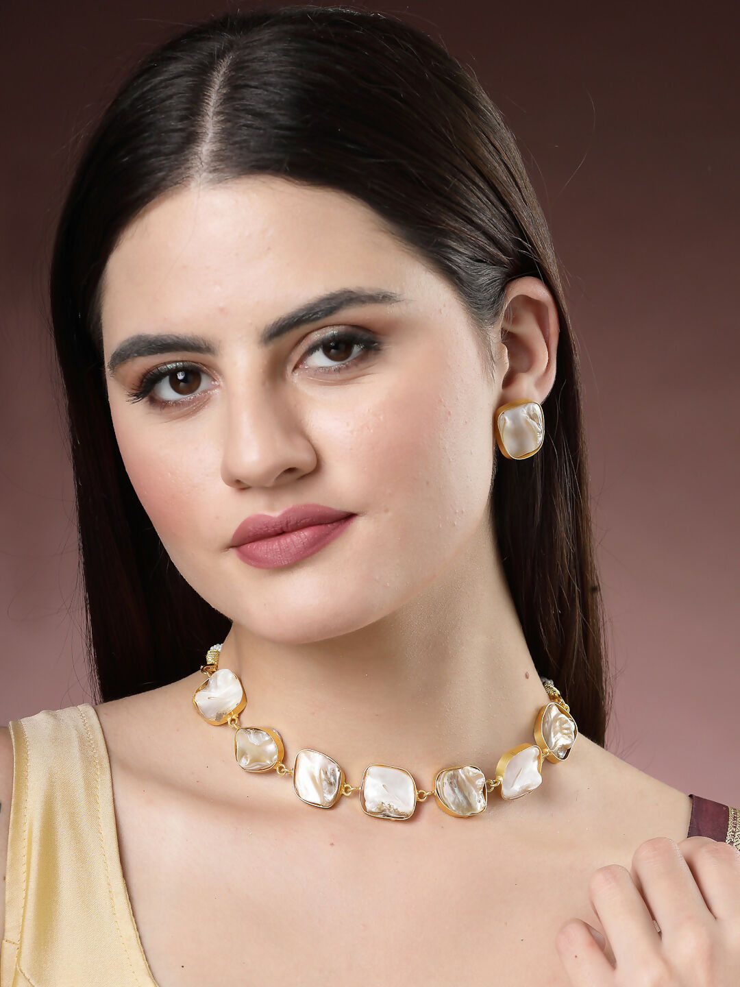 NVR Women's Gold-Polished Mother of Pearl Handcrafted Jewellery Set - Swadesiicart