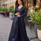 Aarshi Fashions Navy Blue Heavy Georgette Full Stitched Indowestern Crop Top, palazzo & Shrug Set