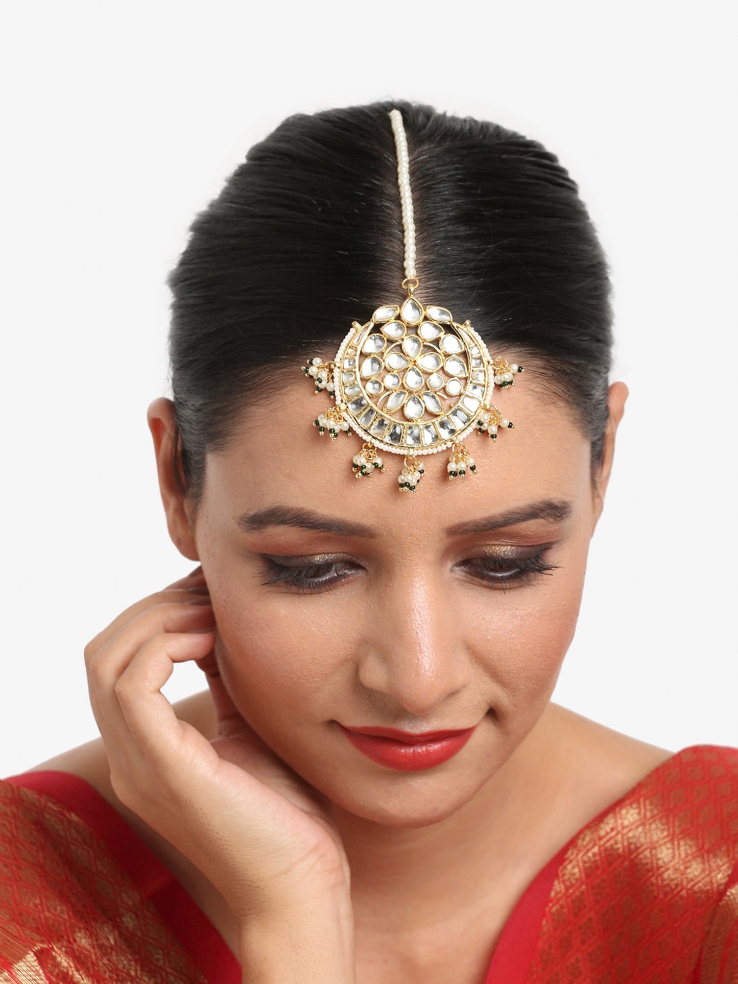 Gold Toned White Kundan Maang Tikka - Ruby Raang | Swadesiicart