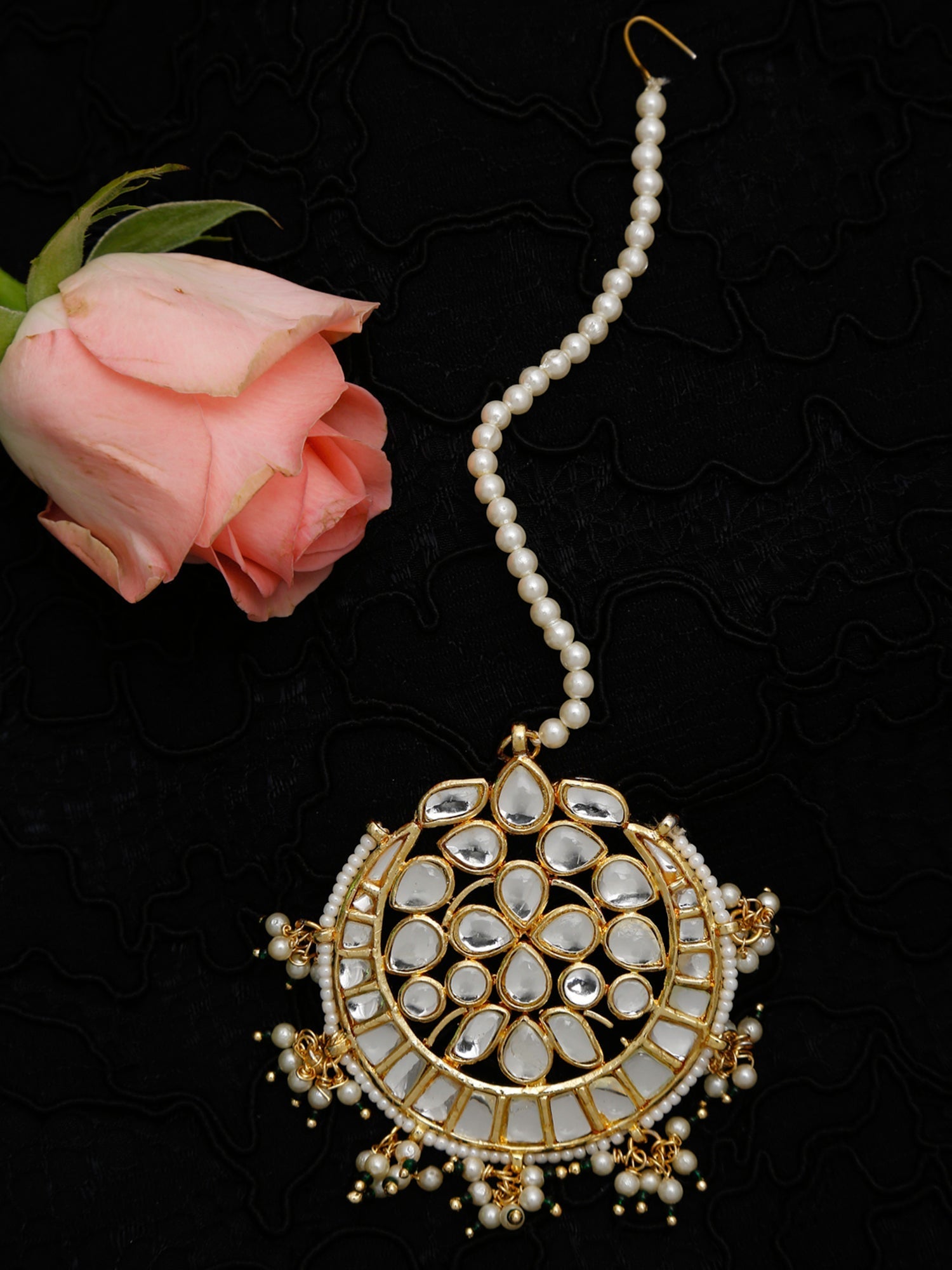 Gold Toned White Kundan Maang Tikka - Ruby Raang | Swadesiicart