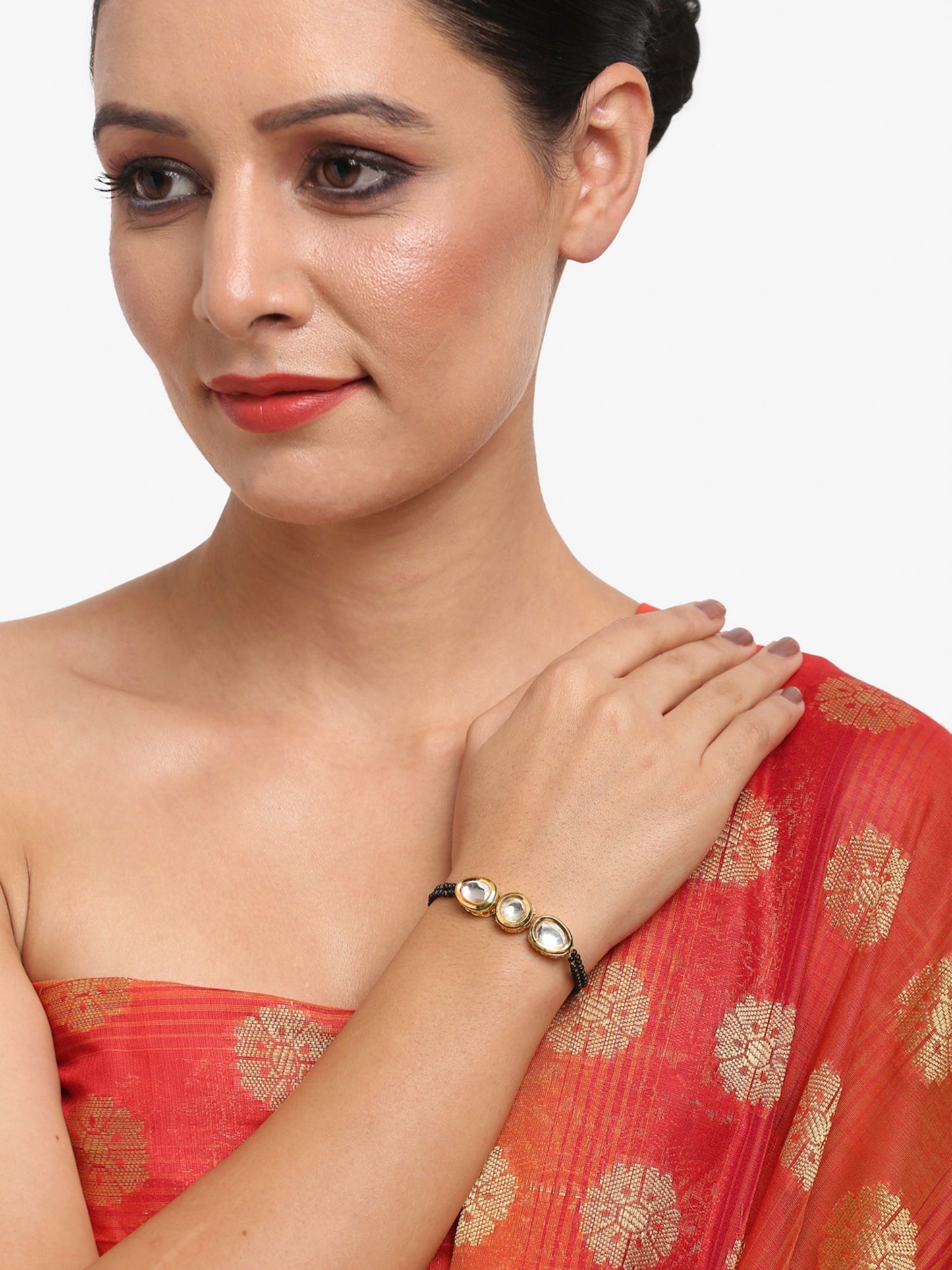 Women's Gold-Polished Black Beaded Kundan Mangalsutra Bracelet - Ruby Raang - Swadesiicart