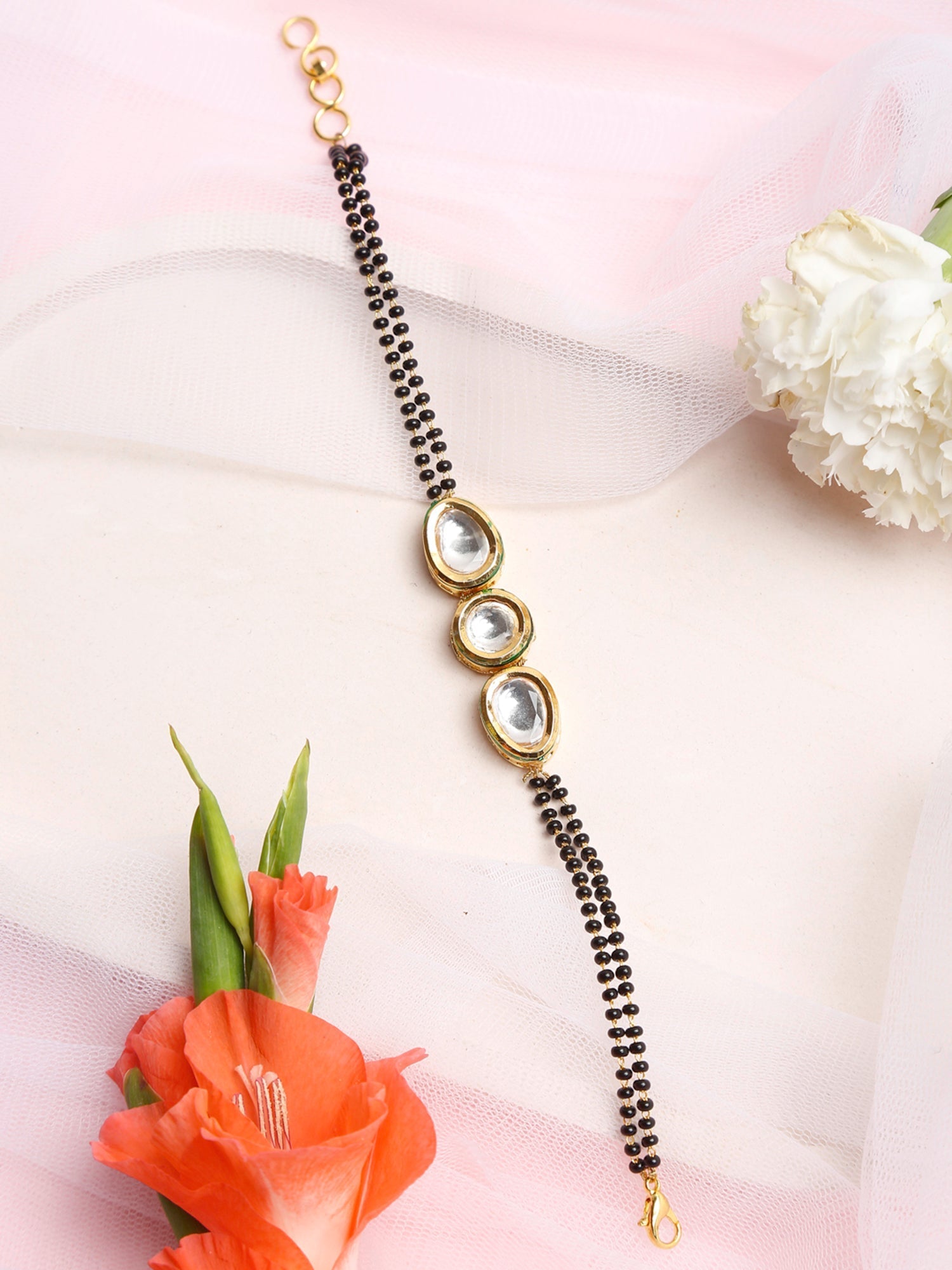 Women's Gold-Polished Black Beaded Kundan Mangalsutra Bracelet - Ruby Raang - Ruby Raang Studio