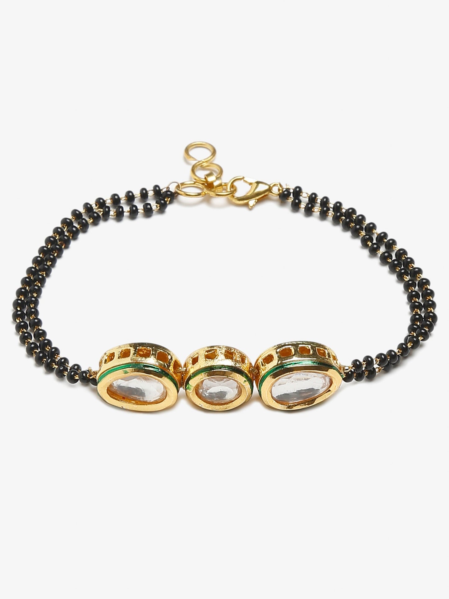 Women's Gold-Polished Black Beaded Kundan Mangalsutra Bracelet - Ruby Raang - Swadesiicart